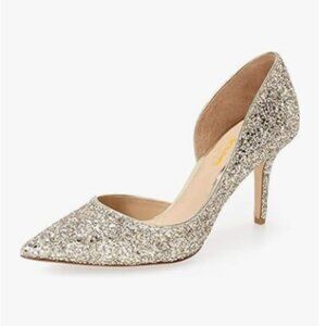 XYD Gold Glitter D'Orsay Mid Heels Comfortable Slip-on Pointed Toe Sexy Pumps